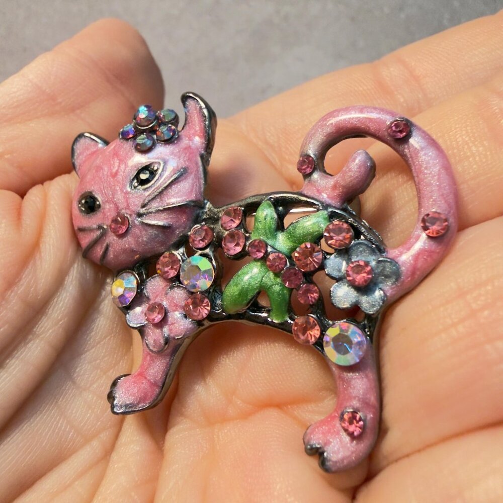 Cat Brooch Pink Enamel Glitter Openwork Statement Pin – 2.75” Tall - Picture 6 of 9